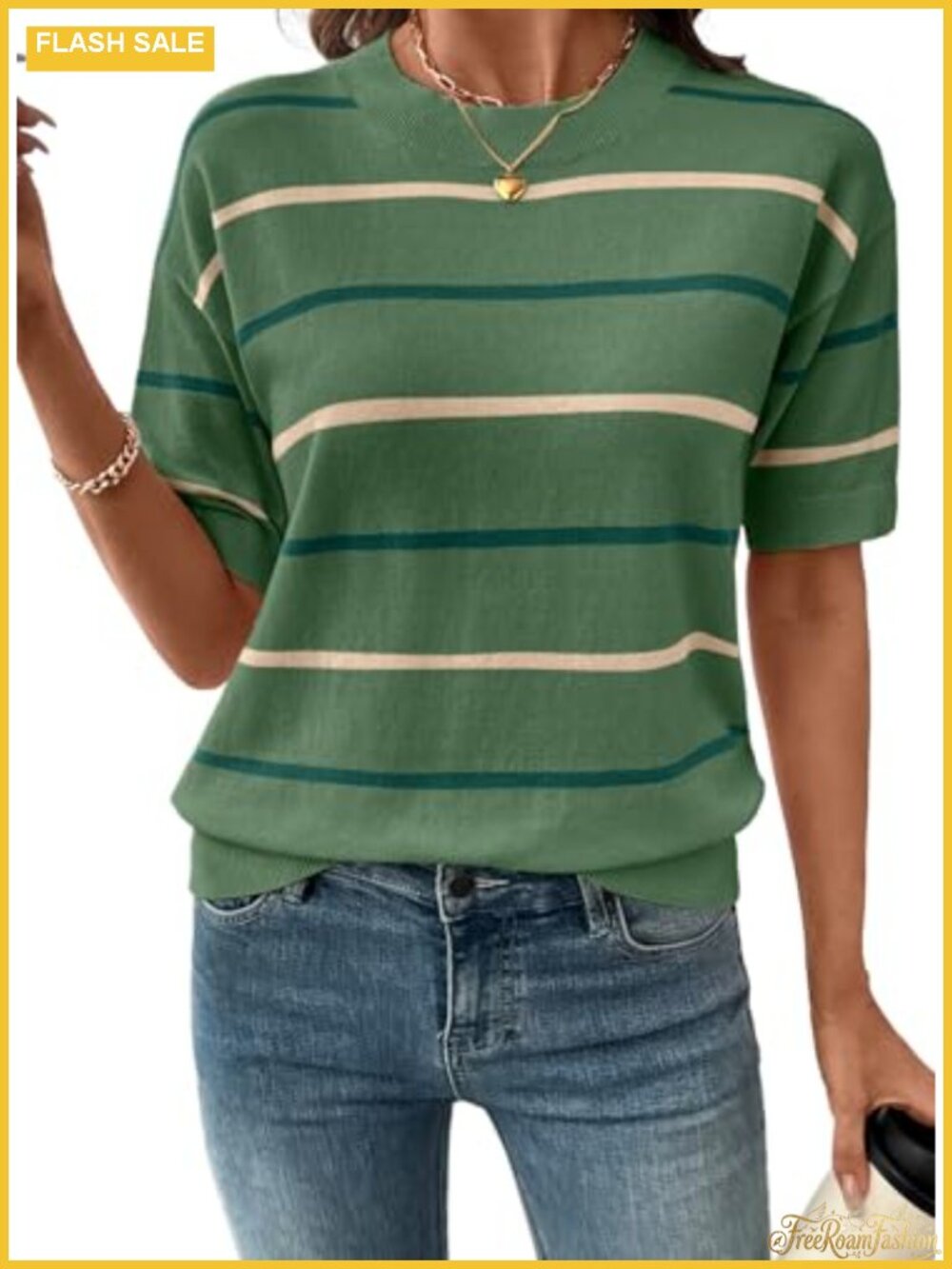 Womens Striped Knit Short Sleeve Sweater Crewneck Pullover Top